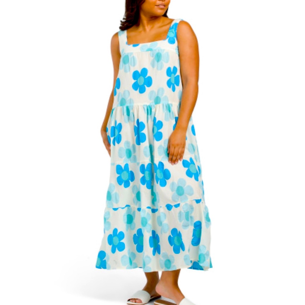 🆕#209 NWT- JACQUIE THE LABEL BLUE Flower Sleeveless Cotton Poplin Maxi Dress M